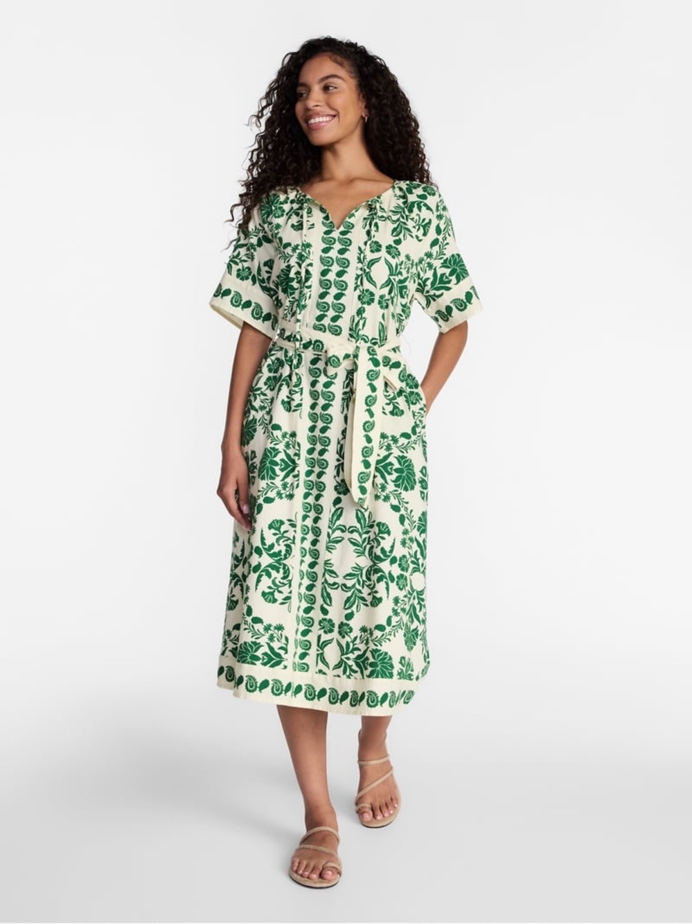 Time and Tru Cream Midi Dress with Green Floral Print